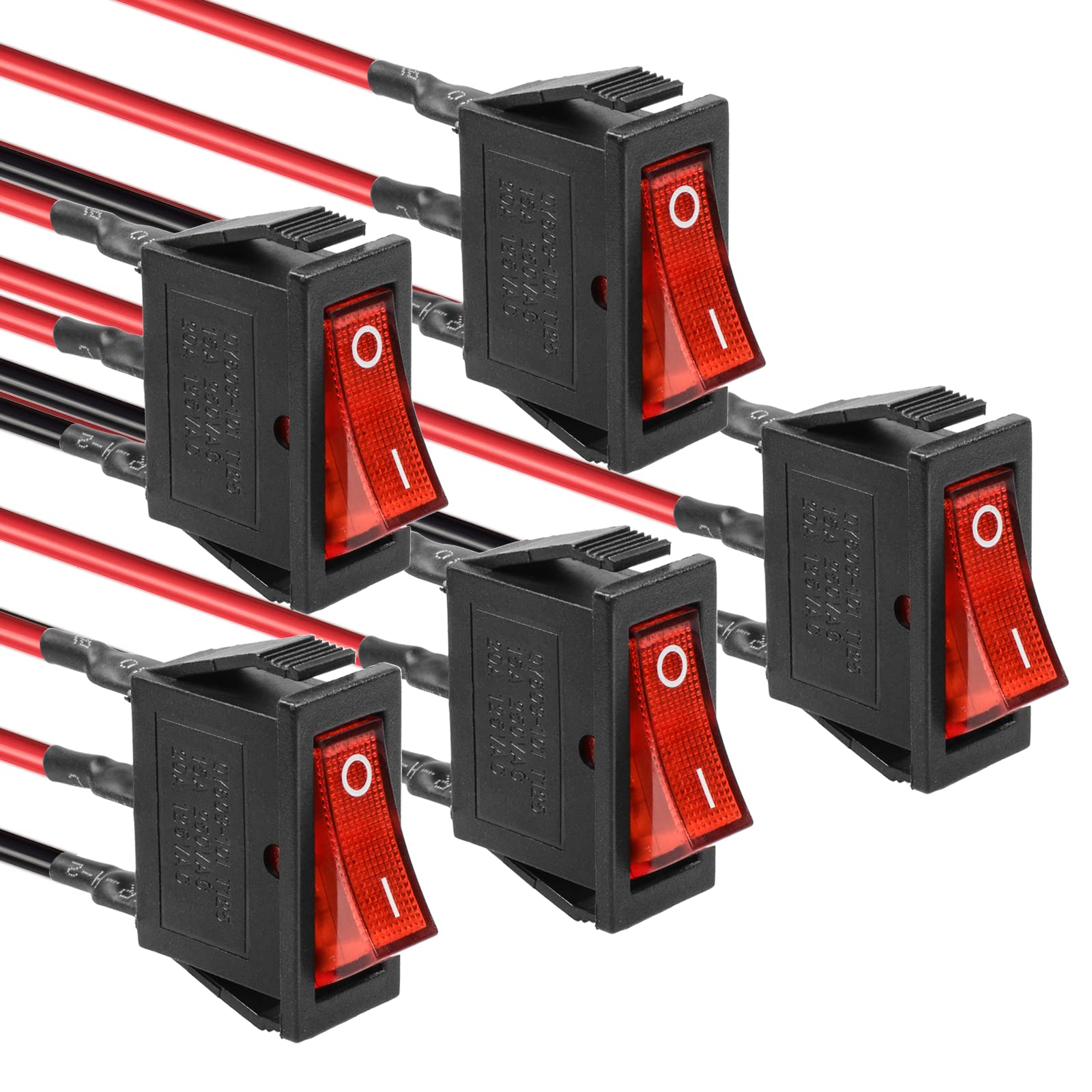 QTEATAK 5Pcs AC 250V/15A, 125V/20A Red Light Pre-Wired Illuminated LED On/Off SPST 3 Pin 2 Position Mini Boat Rocker Toggle Switch Snap for Car Boat