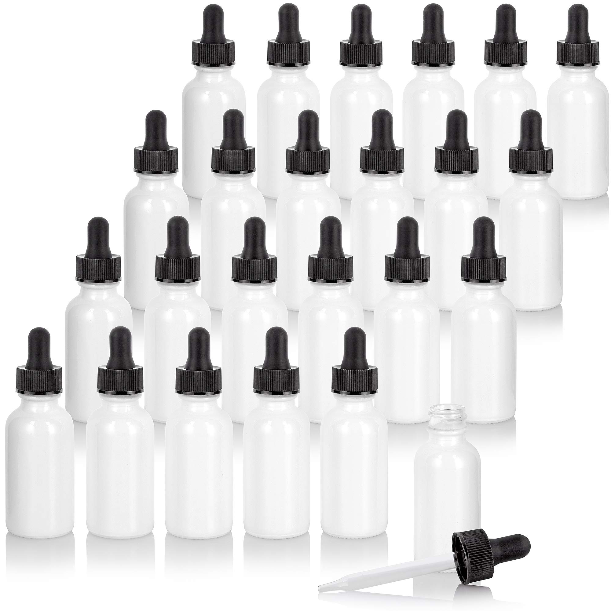 JUVITUS 1 oz High Shine Gloss White Glass Boston Round Bottle with Black Dropper (24 pack) Refillable Empty Storage Containers