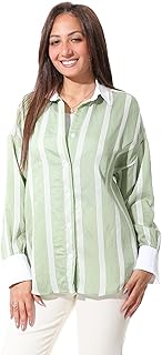 قميص مخطط بأزرار أمامية وأكمام طويلة للنساء، نمط كاجوال-3697