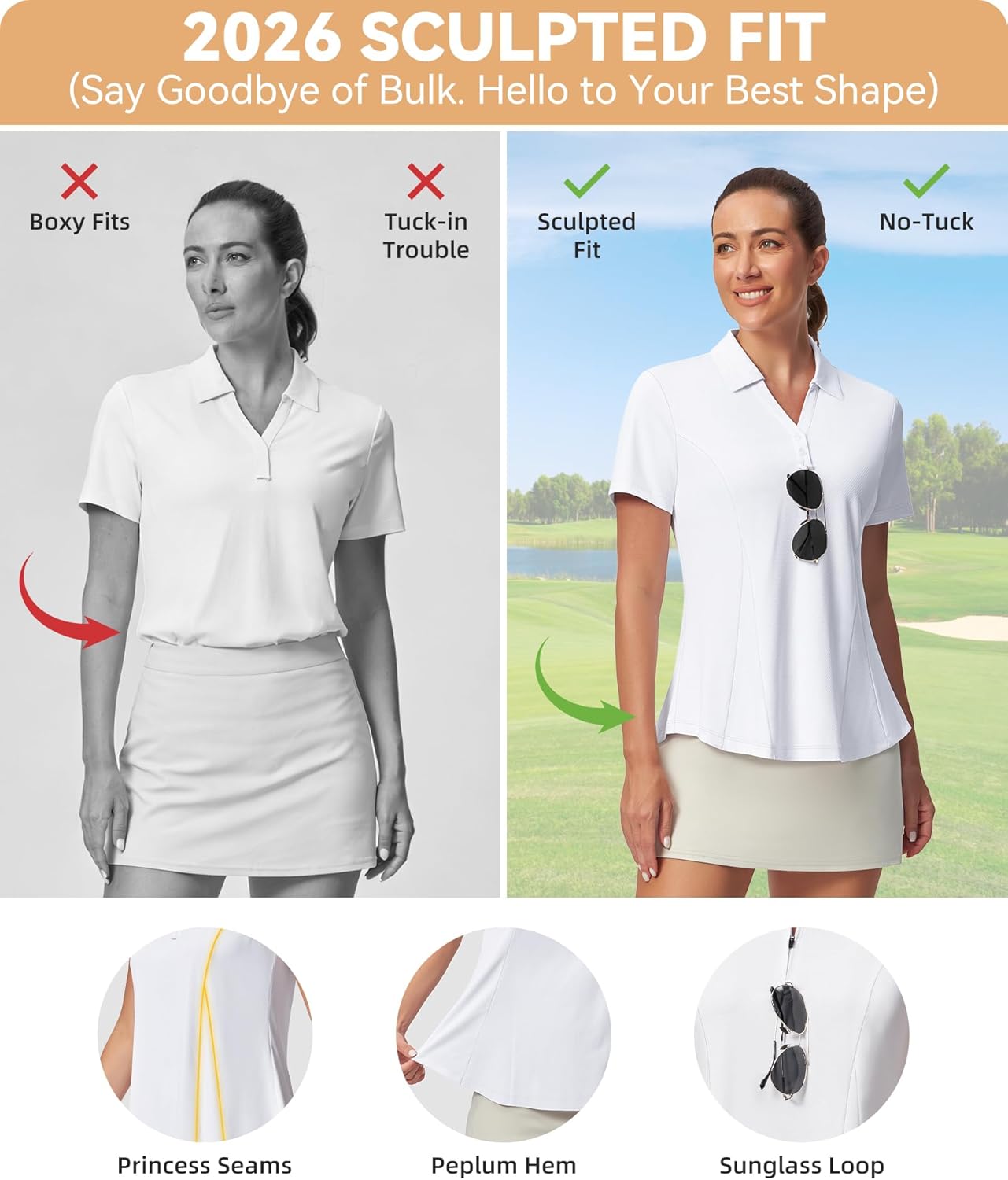 Casei Women's Golf Polo Shirt with Sunglass Loop, No-Tuck Peplum Tennis Pickleball Top, V-Neck UPF 50+ - Image 4