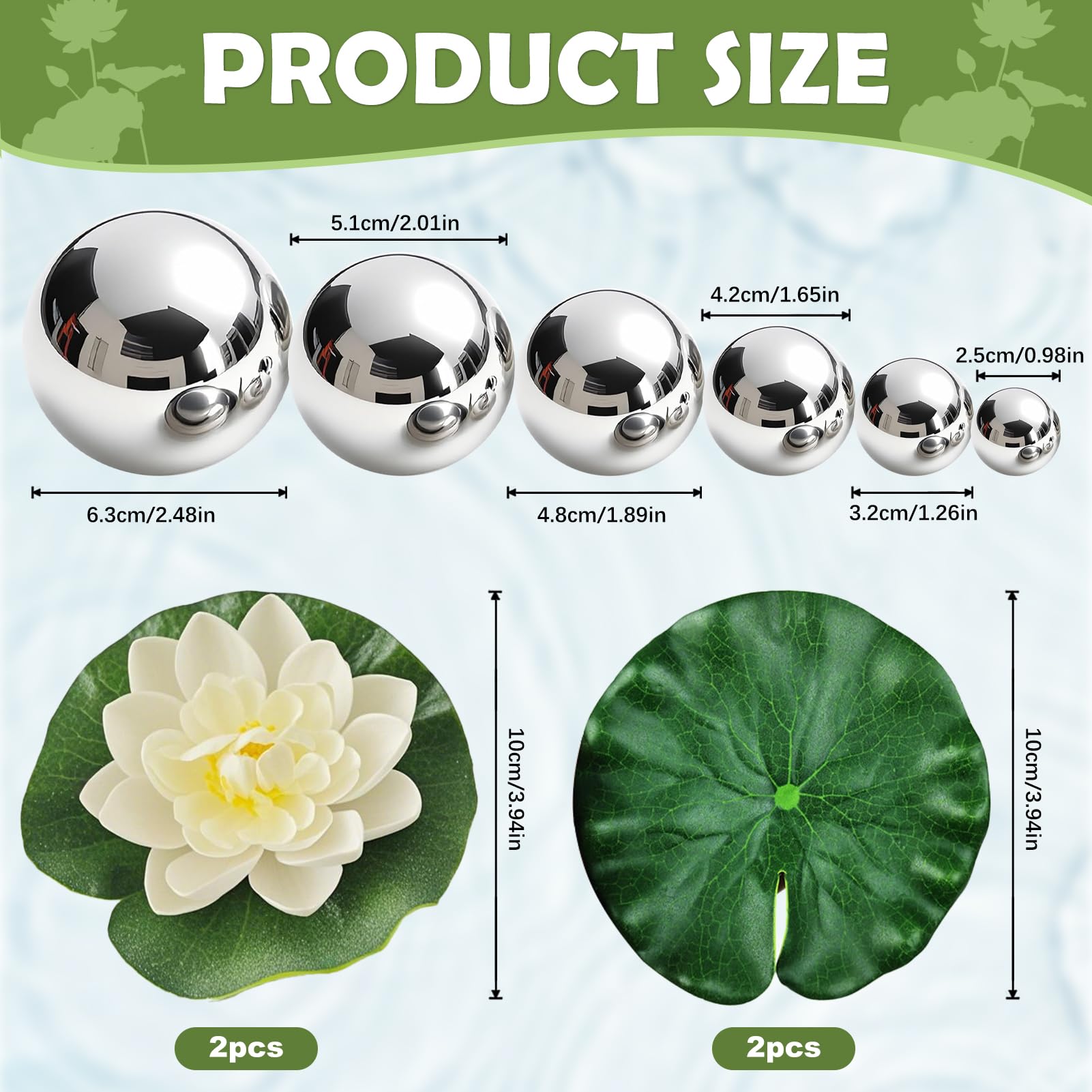 Set di 6 palline decorative, palline galleggianti, palline da giardino, argento, acciaio inossidabile con 4 foglie di loto galleggianti, fiori galleggianti, per laghetti da giardino