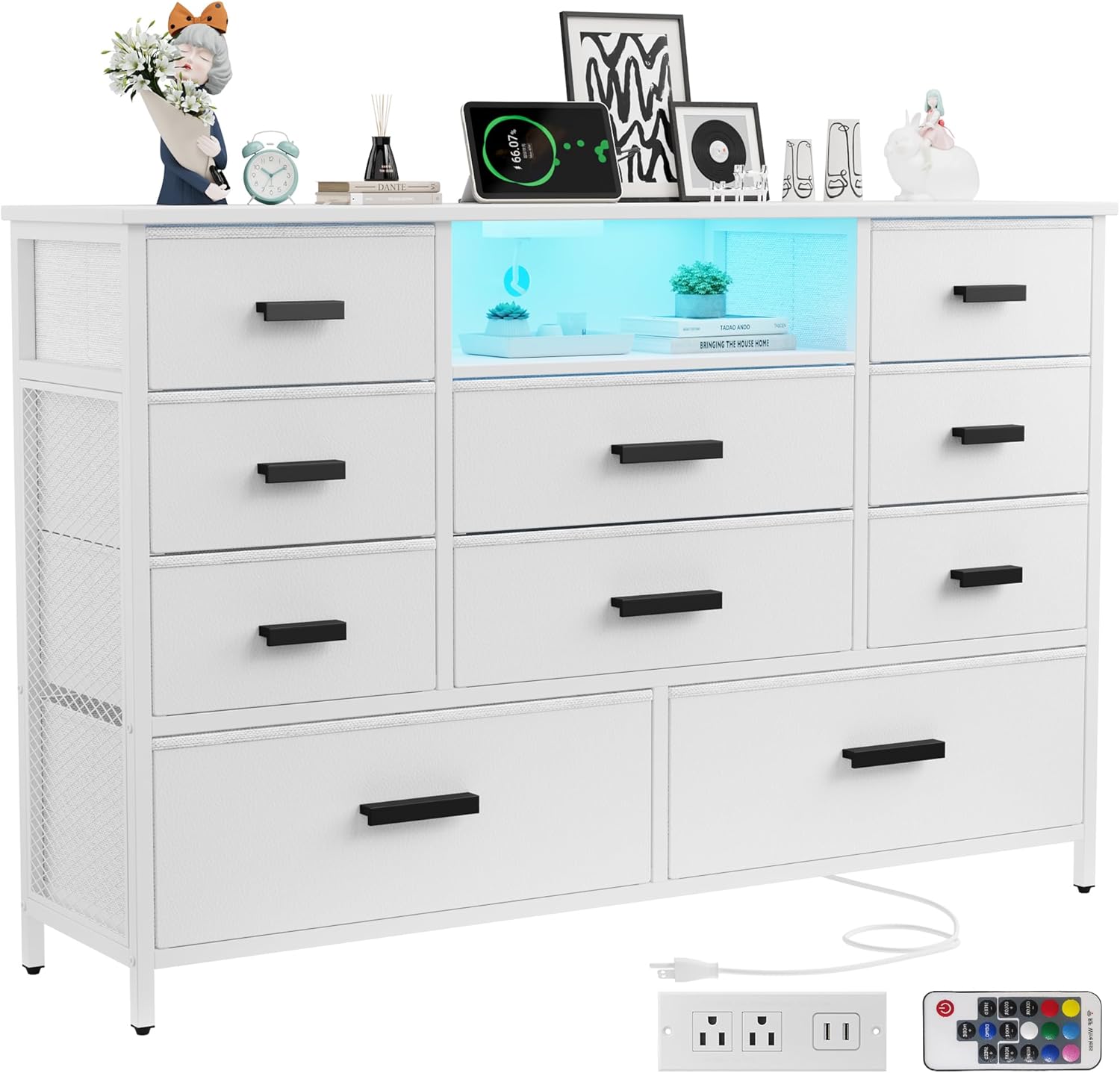 Dresser with Charging Station, White Dresser for Bedroom with 10 Drawers, TV Stand Storage with LED Light for 55" TV, Fabric with PU Finish, Morden Chest of Drawers for Bedroom, Closet 11.8"D x 47.2"W x 30.7"H (10 Drawers) White