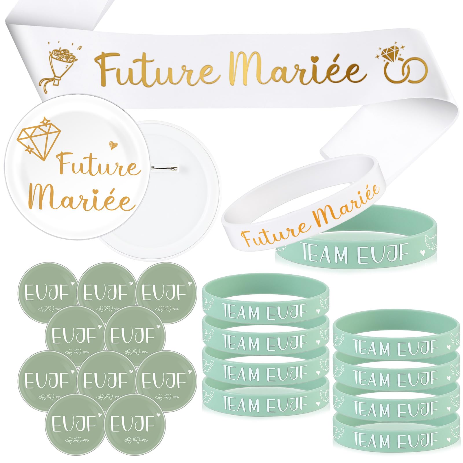 Accessoires de Mariage pour Future Mariée 21 Cadeaux EVJF avec Écharpe, Badges et Bracelets en Silicone