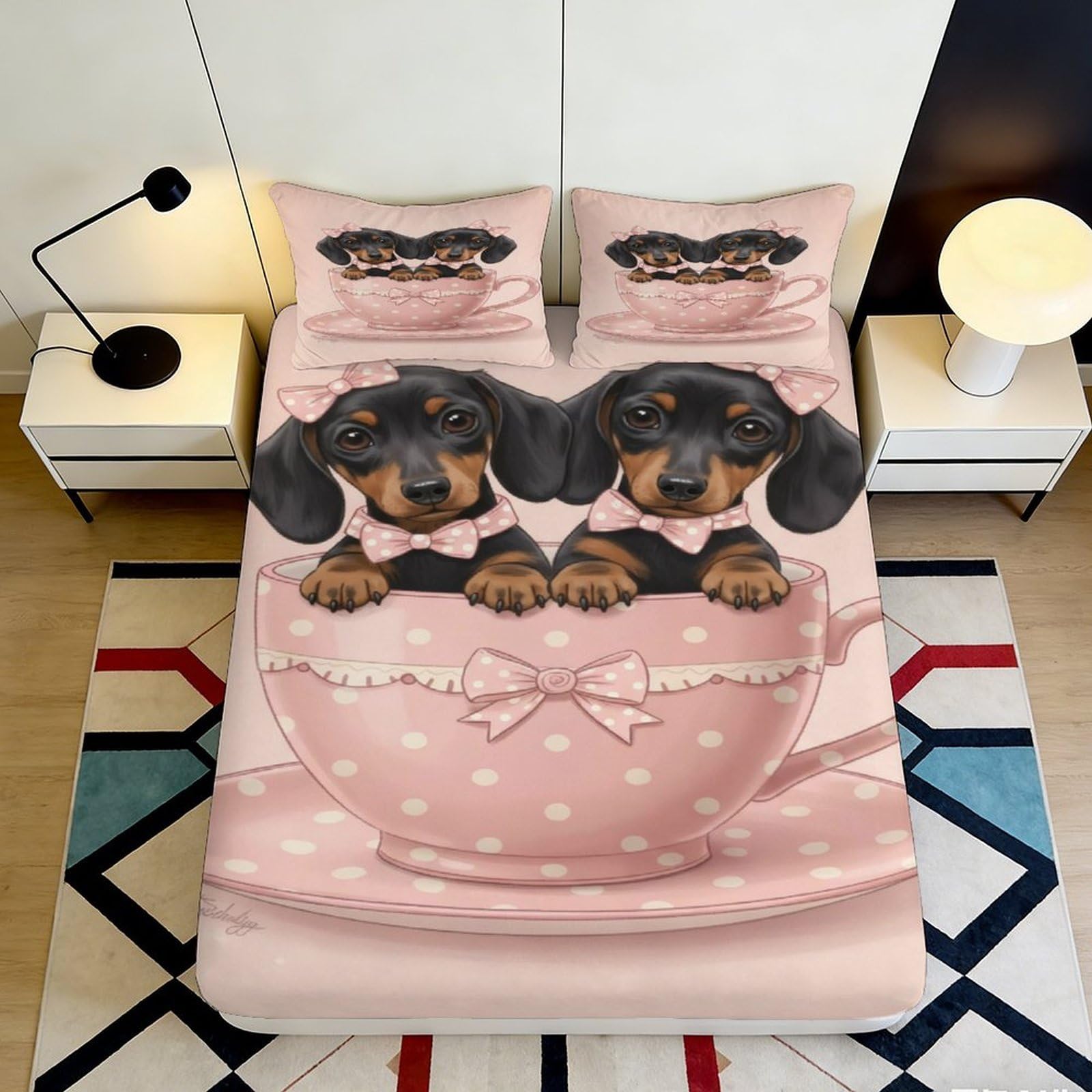 Uxinyoume Style-6 3D Printed Dachshund Dog Fitted Sheet Microfiber Pink Cartoon Pattern Bed Cover For Bedroom Dorm Easy Care 90X200x25cm