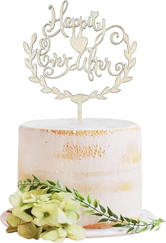Ercadio 1 paquete de decoración de madera para pastel feliz, corona de hojas de madera, corona de boda, compromiso, pasteles, palillos de madera