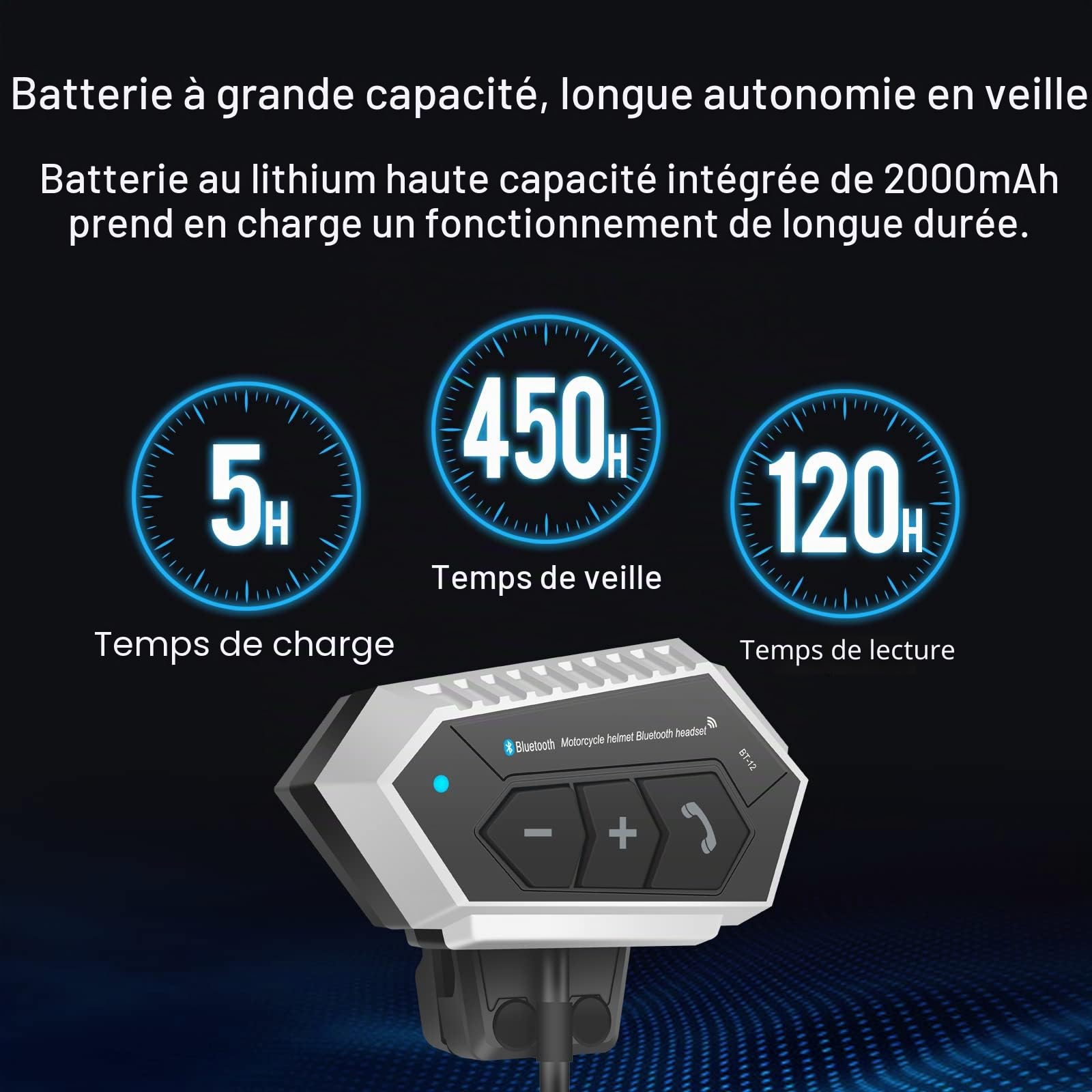OBEST Casque de Moto Bluetooth 5.0 sans Fil,Kit Bluetooth Casque Moto Réponse Automatique,Son Stéréo,Réduction du Bruit,2000 mAh Batterie Haute énergie,Écouteurs pour Vélo,Ski,Voyage