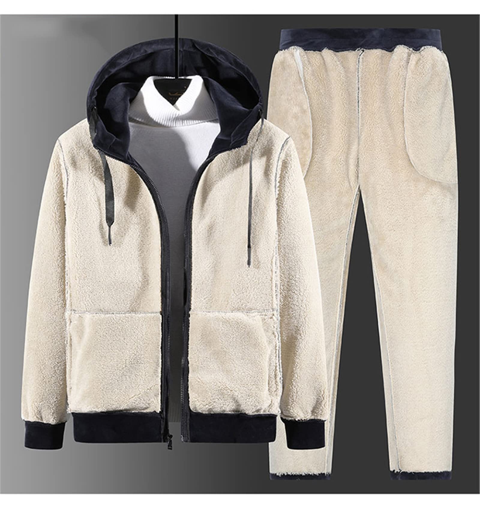Tuta Uomini Caldo Tute Inverno Velluto Spessore Due Pezzi Set In Pile Mens Tuta Giacca+Pantaloni, Nero , XXXL