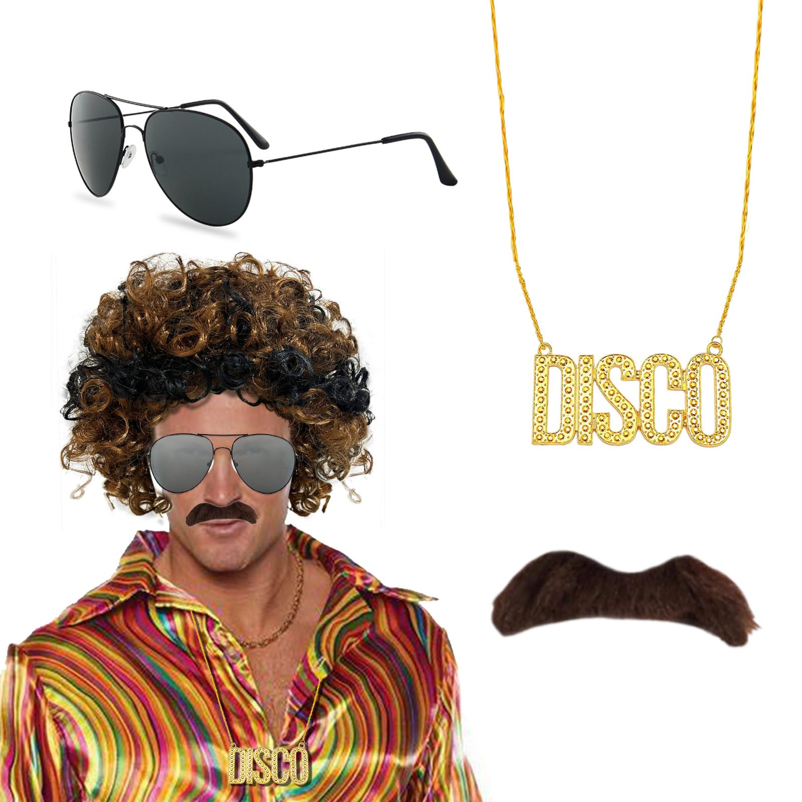 Ensemble Perruque Hippie Afro 4 Pièces - Perruque Disco + Accessoires Costume Années 70