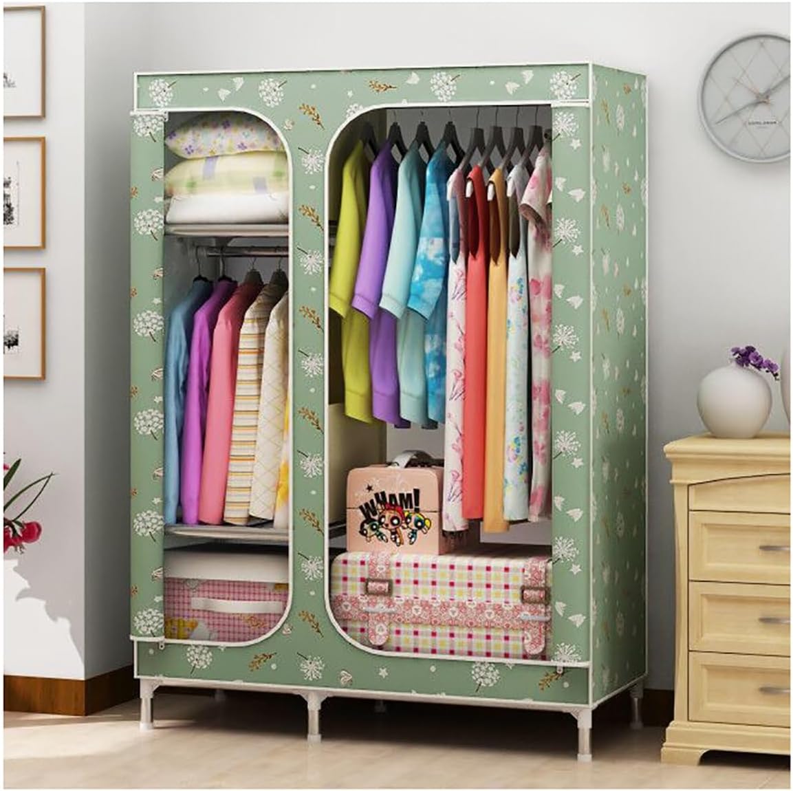 Metal Closet Wardrobe 66.14 Inch Portable Closet for Bedroom 2 Clothes Hanging Rails with Fabric Cover Clothes Storage Organizer (Color : Green, Size : 108x45x168cm)