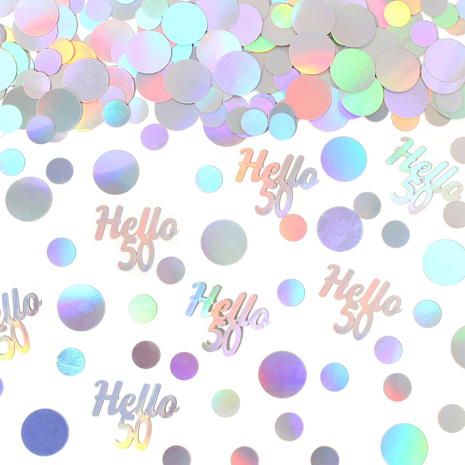 Vofrise Hello 50 Birthday Confetti for Table Iridescent Circle Happy 50th Birthday Party Decorations for Women Fifty Years Old Birthday Tables Scatter