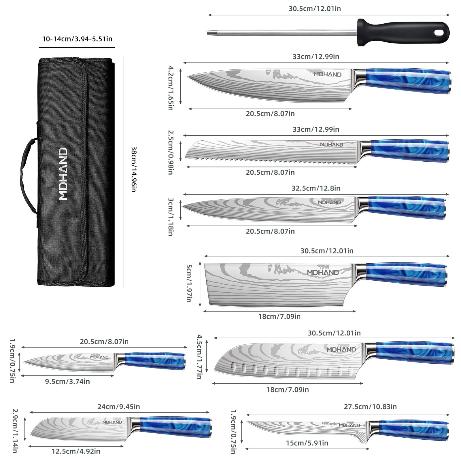 MDHAND Set de Couteaux de Cuisine, 8 pièces couteau cuisine professionnelle avec étui à roulettes, acier inoxydable à haute teneur en carbone extrêmement tranchant Ensemble de couteaux de cuisine