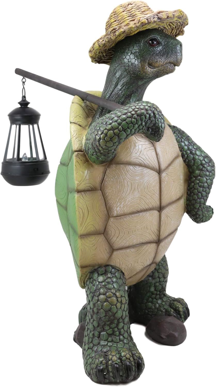 Ebros Gift Nautical Nature Lover Adventure Hiking Tortoise with Straw Hat Statue Carrying Solar Powered Lantern LED Light On A Pole Turtle Garden Yard Pool Patio Deck Home Decorative Accent