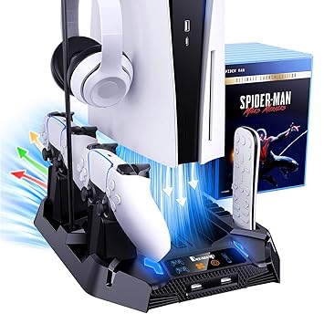 PS5 Stand with Cooling Station & Dual Controller Charging Station for PS5 Console, Digital/Disc Edition, Benazcap PS5 Accessories Cooling Stand with Charge Stock, Headset Holder and15 Game Slot, Black