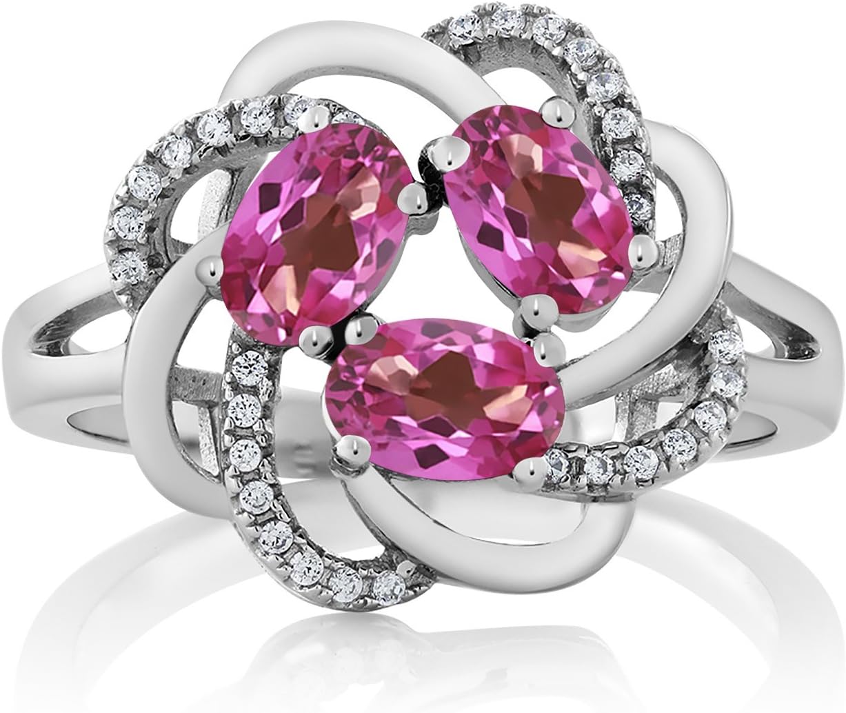 Gem Stone King 925 Sterling Silver Pink Mystic Topaz 3-Stone Flower Blossom Ring For Women | 1.87 Cttw | Oval 6X4MM | Gemstone Birthstone | Wedding Anniversary Engagement Promise Ring