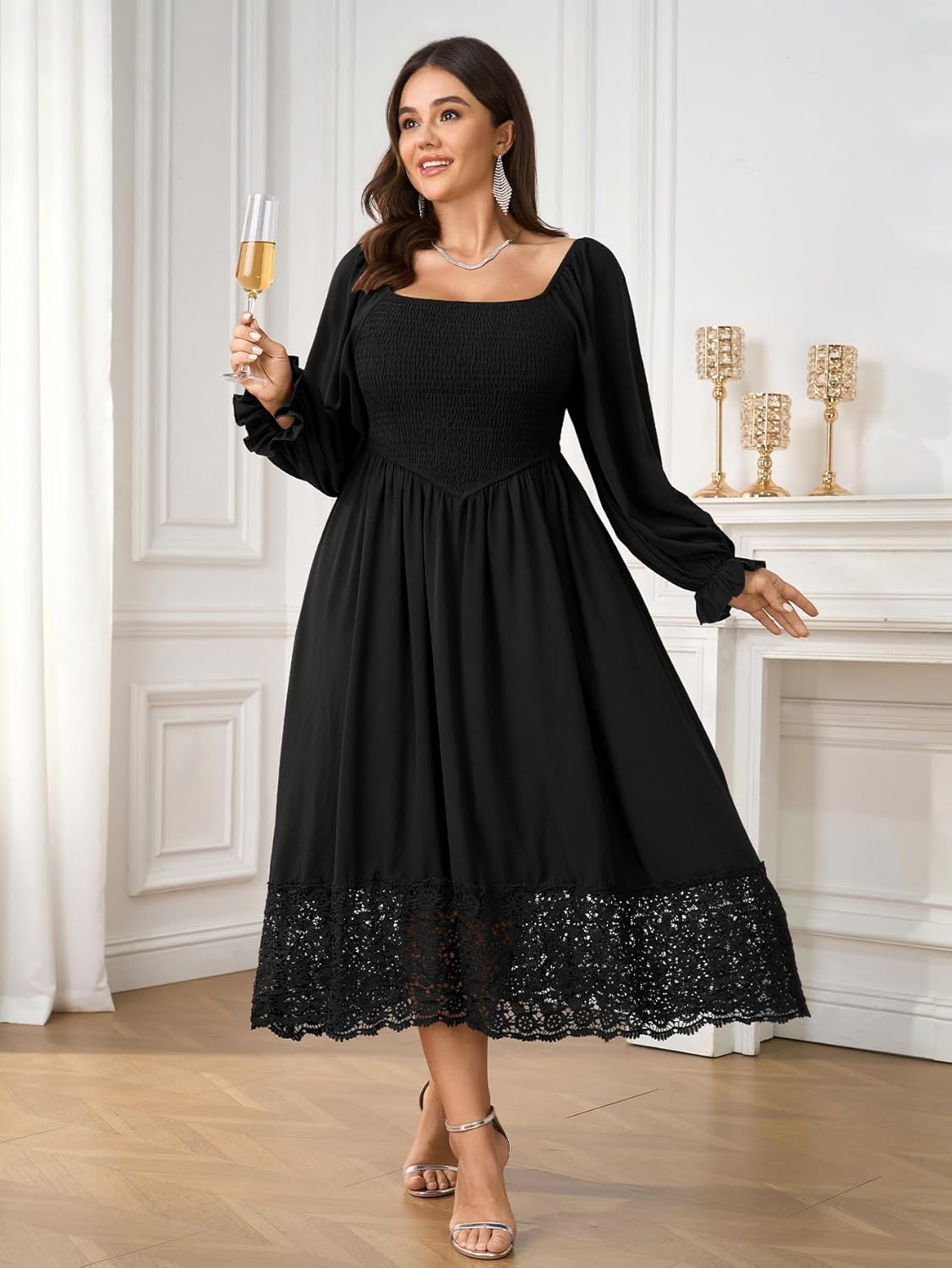 Women's Plus Size Maxi Dress Long Sleeve Square Neck Smocked Flowy A-Line Lace Trim Wedding Guest Dresses - Image 3