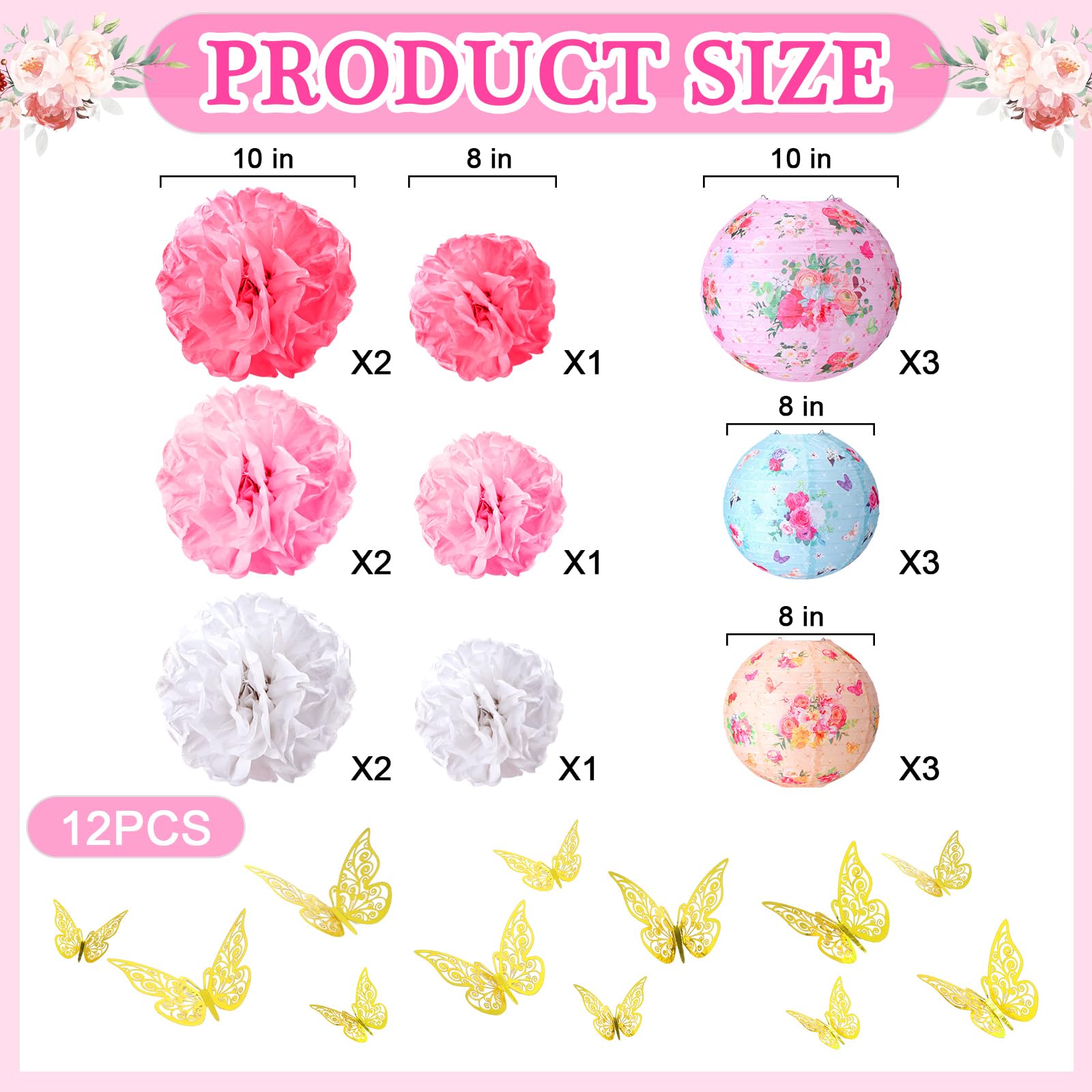 Rossesay 31 Pcs Tea Party Decorations Lanterns and Poms for Spring 9 Tea Floral Party Paper Lantern 9 Tissue Bloom Pom Pom 12 Gold Butterfly Thread for Floral Birthday Party Baby Shower Wedding Bridal