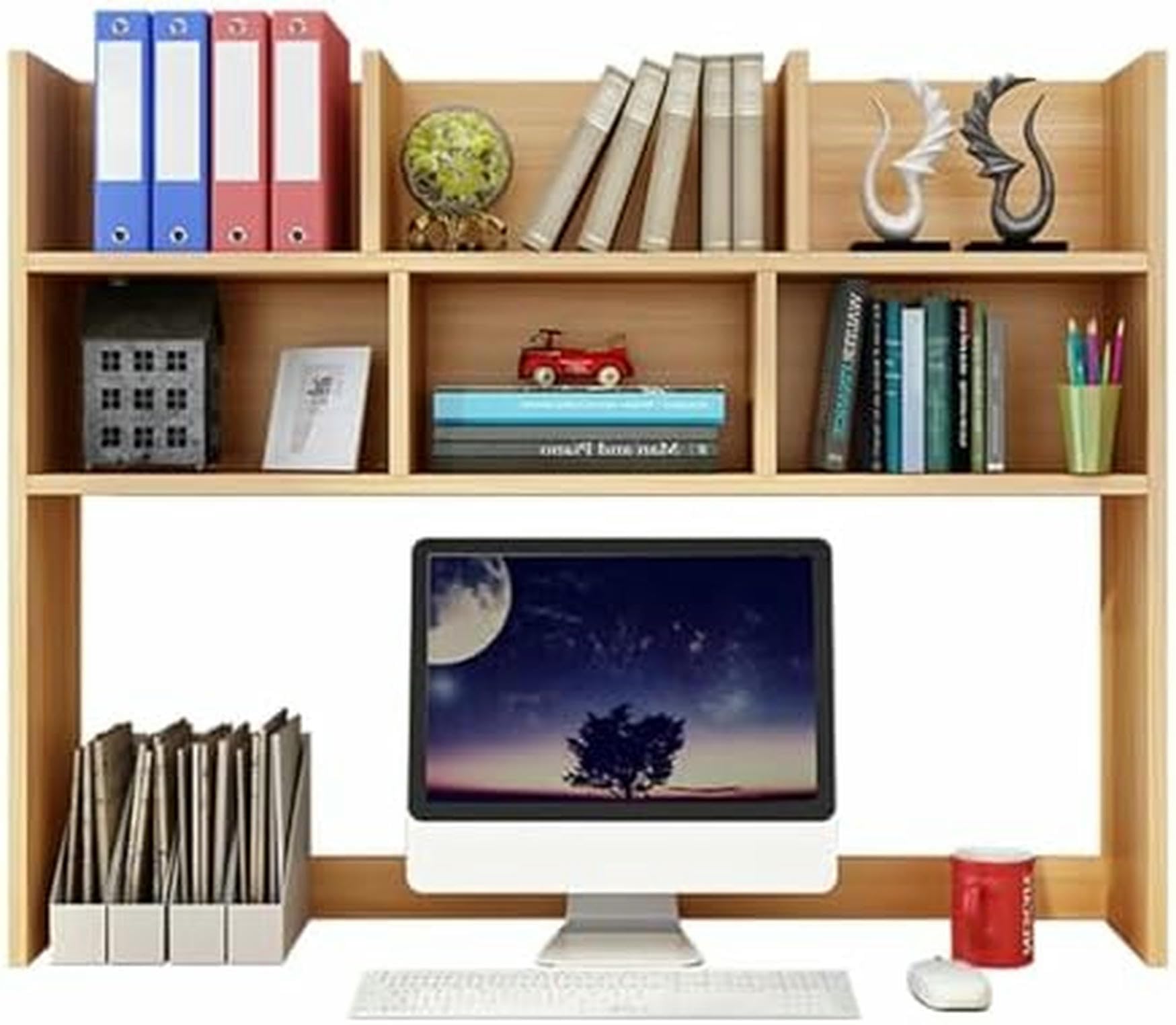CWCQGH 2-Tier Desk Hutch for Dorm, Desktop Bookshelf Organizer, Slim Storage Rack, Multipurpose Home Office Display, Countertop Bookshelf for Small Spaces,Wood Color-70cm/27.5in