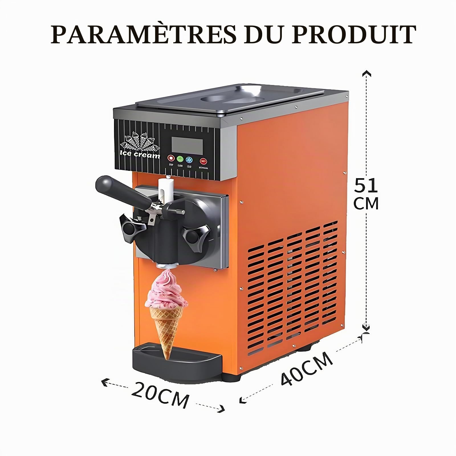 Machine à Glace Italienne Professionnelle 450 W, Machine à Glace Italienne avec pré-Refroidissement, Nettoyage Automatique, écran LCD,pour Restaurants,boutiques,Snacks,Mono-Parfum Orange