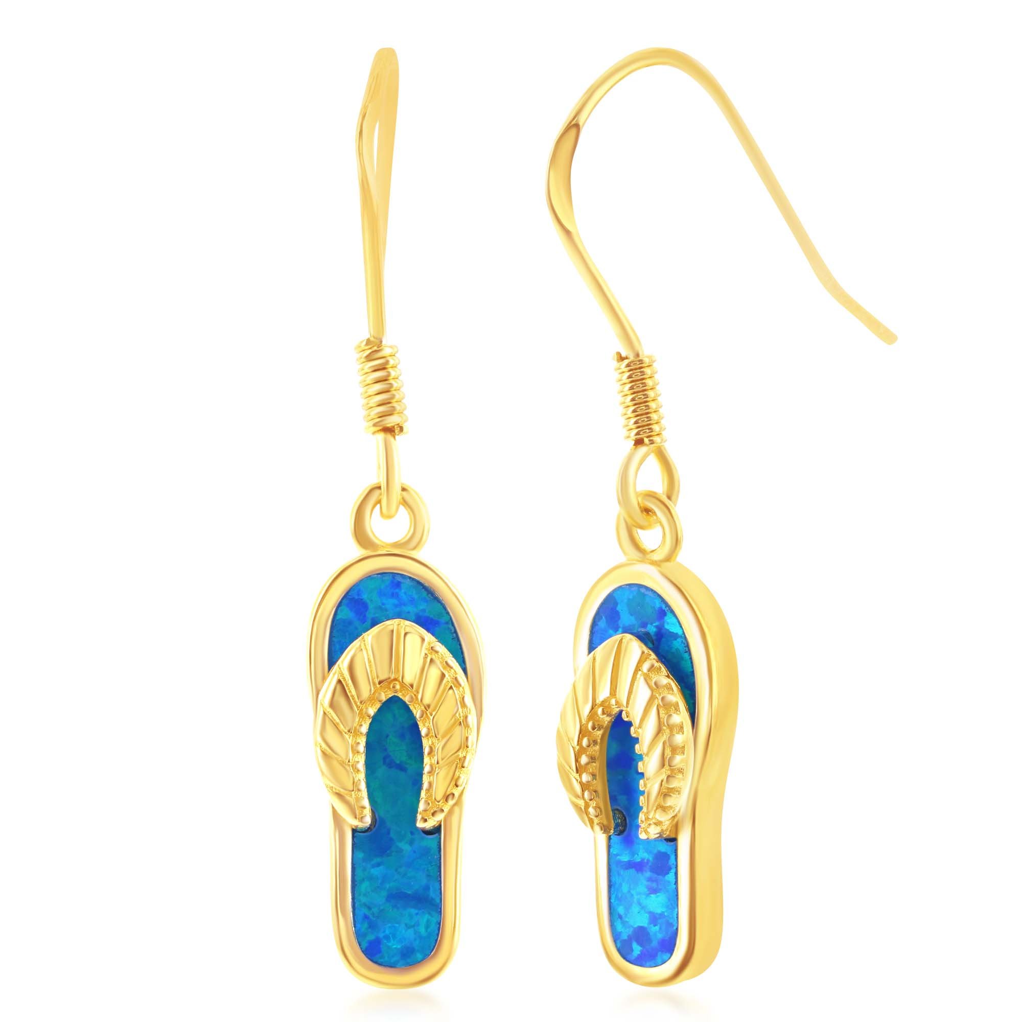 Sterling Silver Gold Tone Created Blue Opal Flip-Flop Earrings