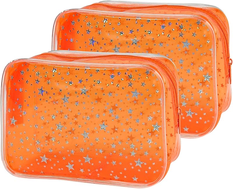 Necessaire transparente TotePrint com estrelas prateadas, laranja e estampa, Pacote com 2