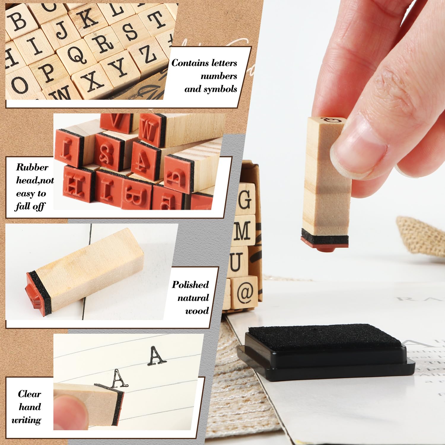 40 Tampons Lettres Alphabet Et Chiffres En Bois - Kit Créatif Avec Encreur Pour Scrapbooking, Cartes