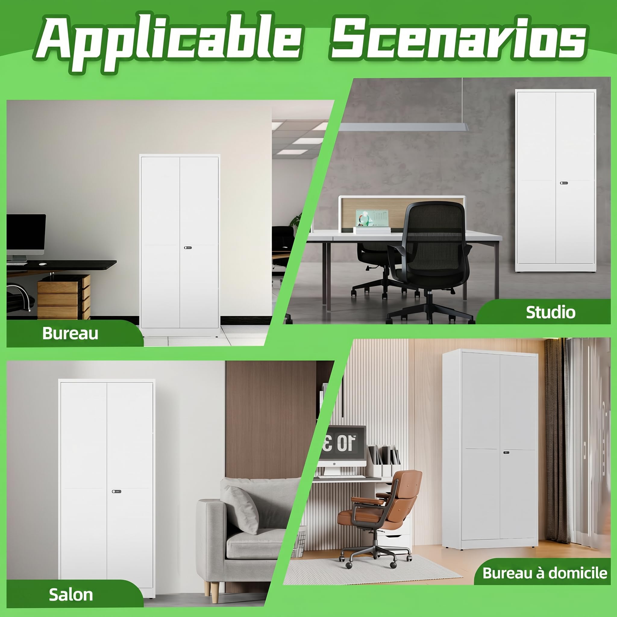 Armoire Bureau en Métal, Armoire Garage avec 2 Portes et Étagères Réglables, Cabinet de Rangement Verrouillable pour Bureau, Maison et Atelier, 180 x 80 x 40 cm, Blanc