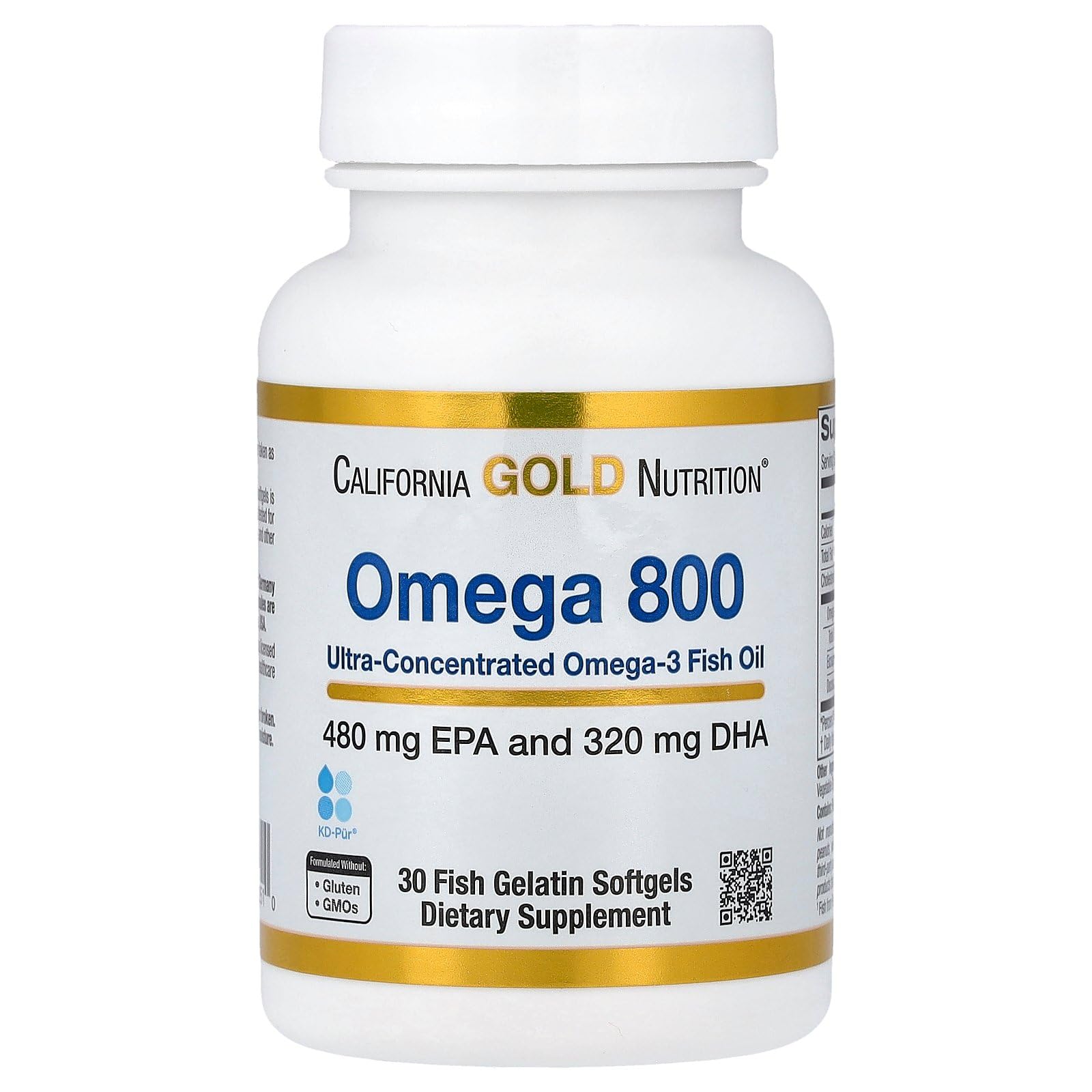 California Gold Nutrition Omega 800 Ultra-Concentrated Omega-3 Fish Oil, kd-pur® Triglyceride Form, 30 Fish Gelatin Softgels (1,000 mg per Softgel)