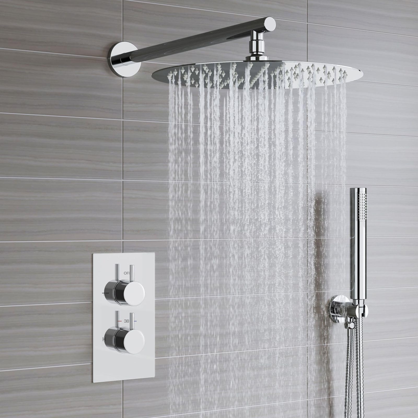 Soffione Doccia Voolan Rain con Braccio di Estensione, Soffioni a Pioggia in Acciaio Inossidabile, Soffione Doccia 30cm Rotondo ad Alto Flusso (Braccio Doccia 38cm)