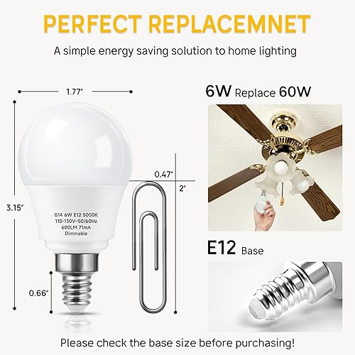 Miniatura 3 de Bombillas LED para ventilador de techo, bombilla de base pequeña E12 regulable de 5000 K, equivalente a 6 W, 60 vatios, bombillas de araña G14 para