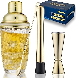 Gold Cocktail Shaker Set - Glass Cocktail Shaker with Strainer - Martini...