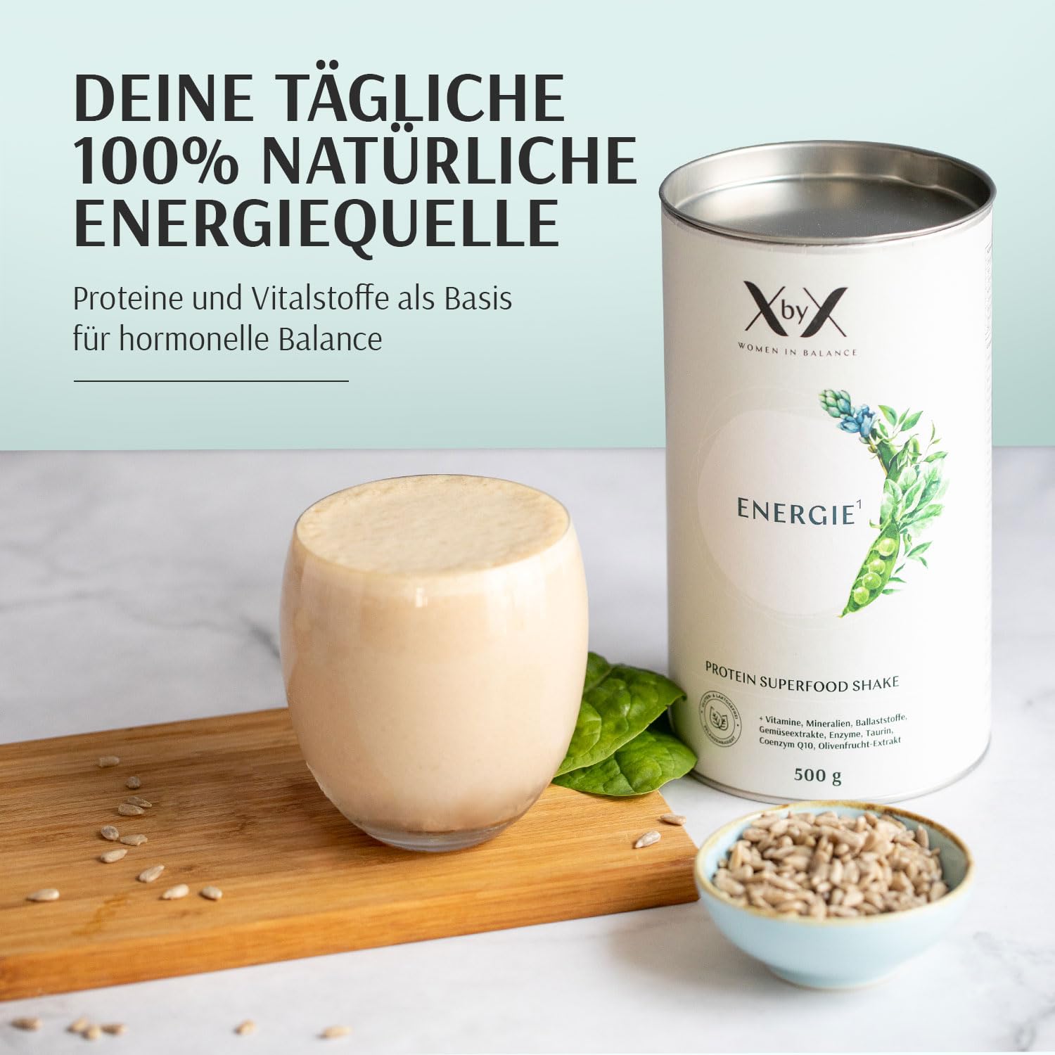 XbyX Energie 500 g | 16 Portionen | Veganes Superfood Proteinpulver für Shake oder Smoothie | Geschmacksneutrales Eiweißpulver mit essentiellen Aminosäuren & wertvollen Vitaminen | Aus Deutschland