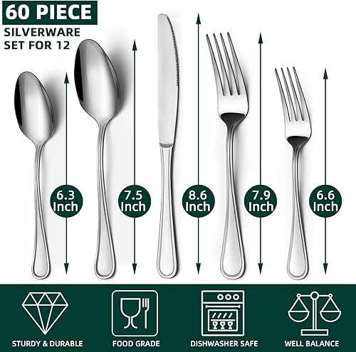 Miniatura 2 de BEWOS Juego de cubiertos de acero inoxidable de 60 piezas, 12 piezas, tenedores, cucharas, cuchillos, pulido espejo, apto para lavavajillas, ideal