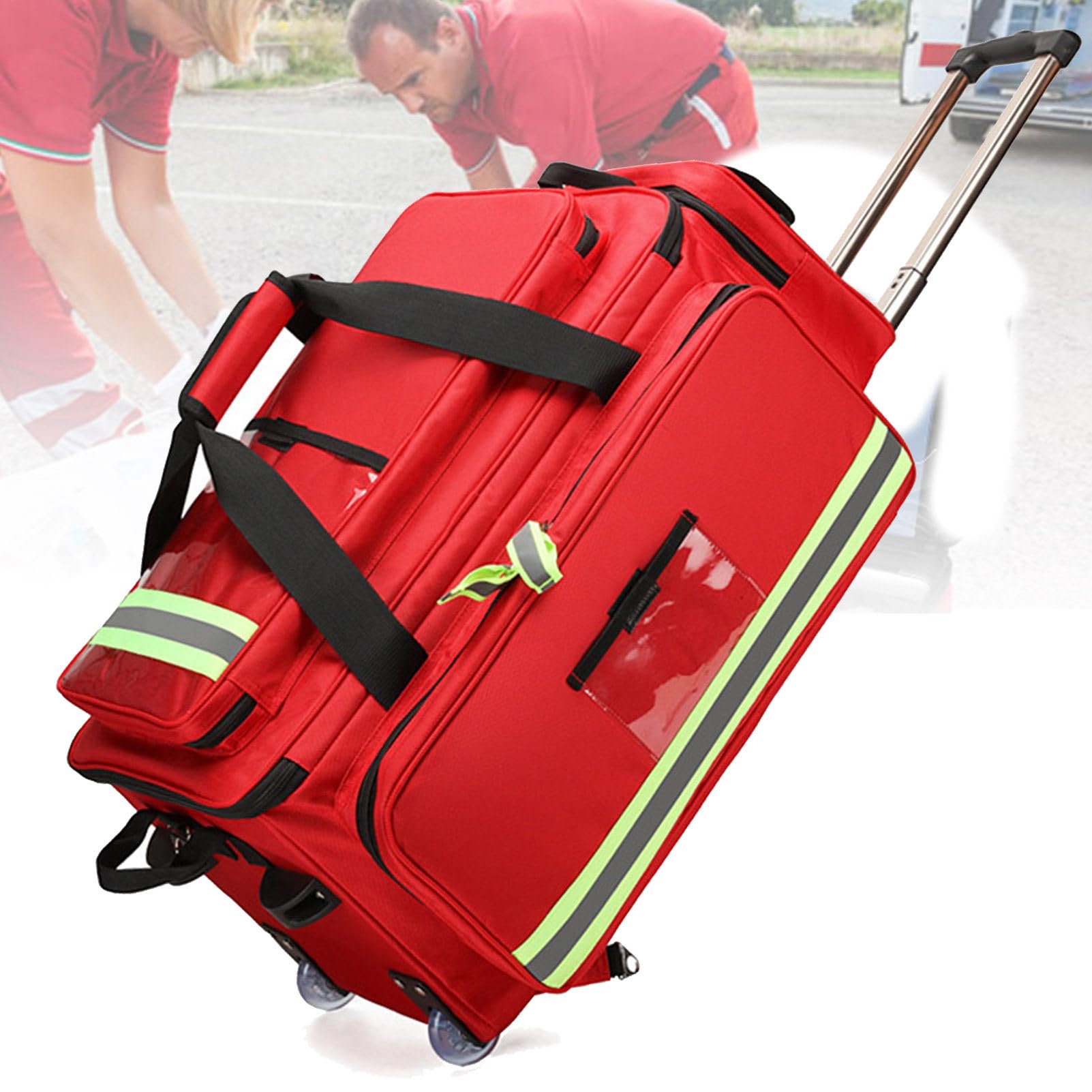 Bolso Tipo Trolley portátil para botiquín de Primeros Auxilios con Ruedas; Bolsa de Emergencia médica para Exteriores de Gran Capacidad (vacía) con Compartimentos extraíbles Red-105cm