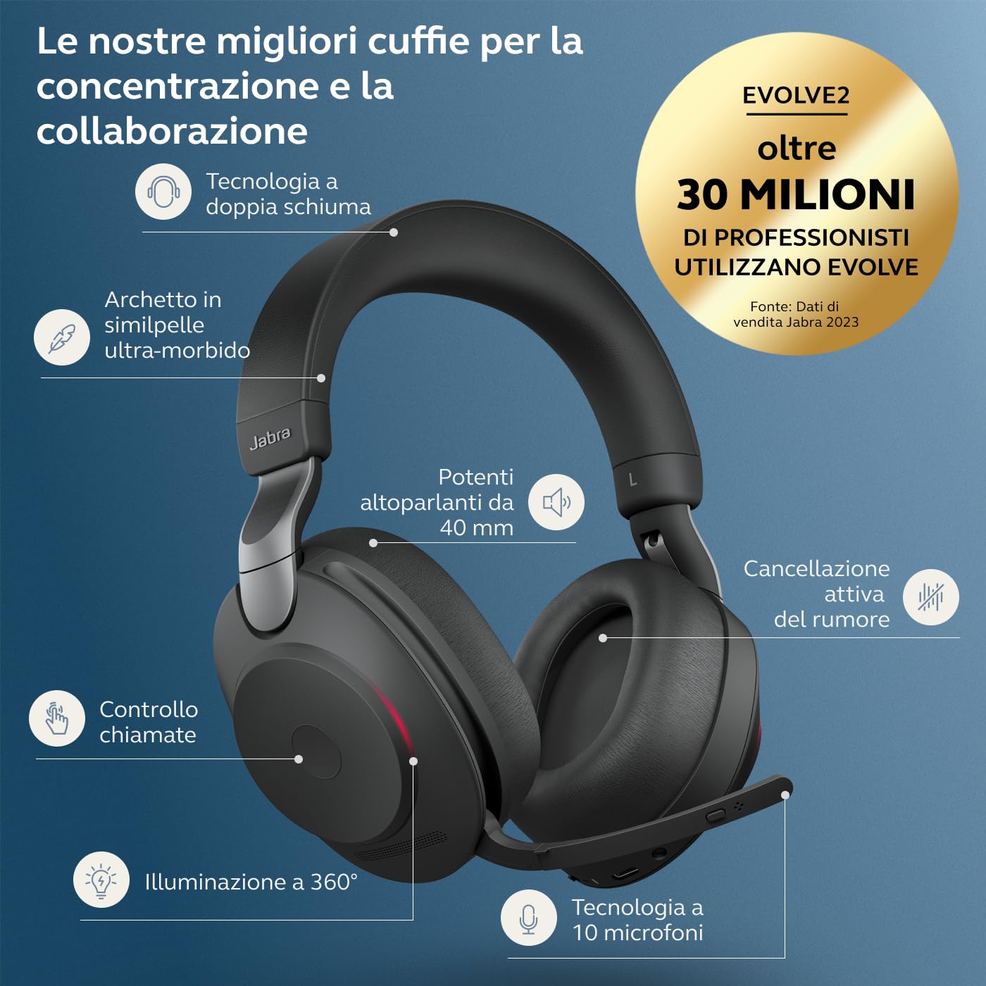 Jabra Evolve2 85 Cuffie wireless per PC - Cuffie stereo con cancellazione del rumore certificate UC con batteria di lunga durata - Adattatore Bluetooth USB-C - Nero