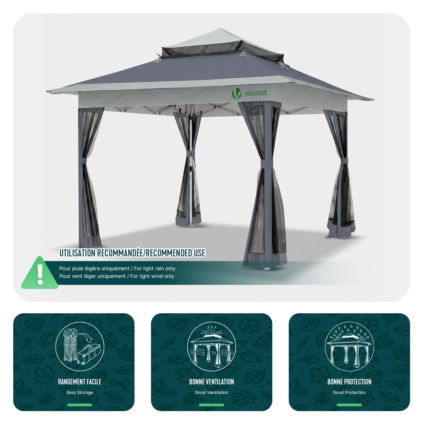 VOUNOT® Carpa Plegable Gazebo 3.6x3.6m con Laterales de Malla, Cenador Pabellón Pop Up de Jardín Techo Doble y Bolsas de Arena, Protección UV, para Camping, Fiestas, Exterior, Gris
