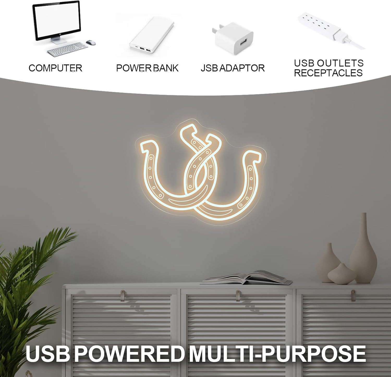 Double Horseshoe Neon Sign – 16" x 13" Warm White Lucky Horseshoe LED Light for Bedroom, Living Room, Bar, Game Room, Farmhouse, Ranch, Western Decor