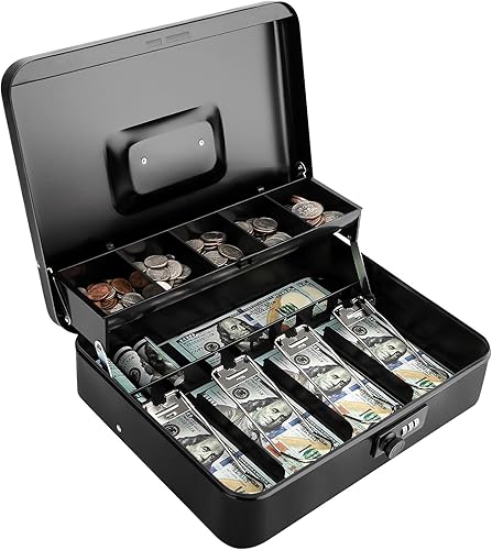 Caja de efectivo con bandeja de dinero y cerradura, caja de dinero segura para efectivo, caja de bloqueo de metal con combinación, organizador