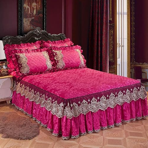 Hcclijo Velvet Bedspread King Size Quilted Bedskirt Ruffle Elastic Full Queen Bed Cover Pillow Cases Soft Warm Rose red 180x200cm