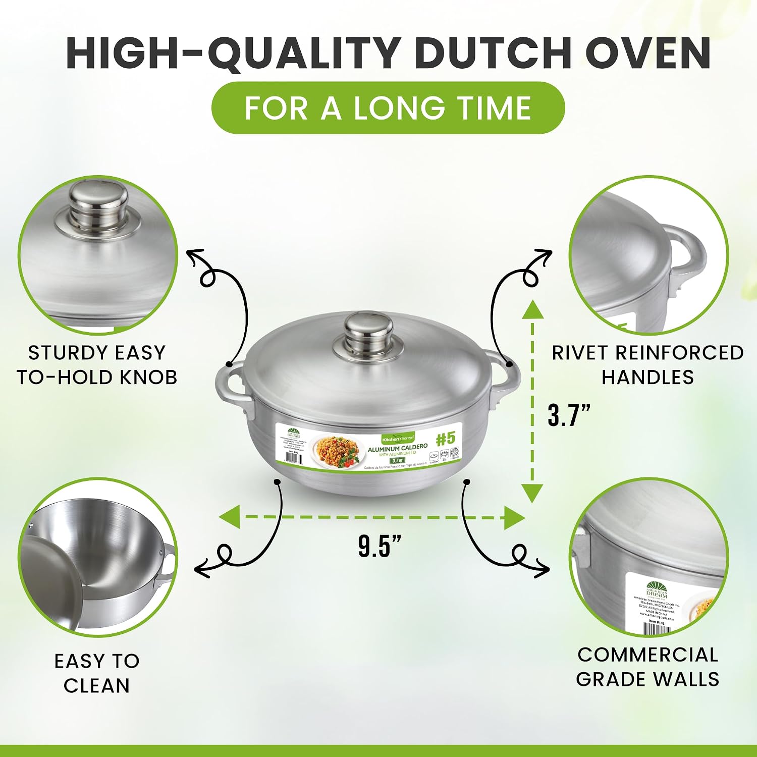 Kitchen Sense Aluminum Caldero Pot with Lid, 1.8 Quart Dutch Oven, Nonstick Surface, Easy to Grip Handles, Ideal for Stew, Braising, Boiling, Cooking Rice, Large Meals, Traditional Spanish and Puerto Rican Cuisine