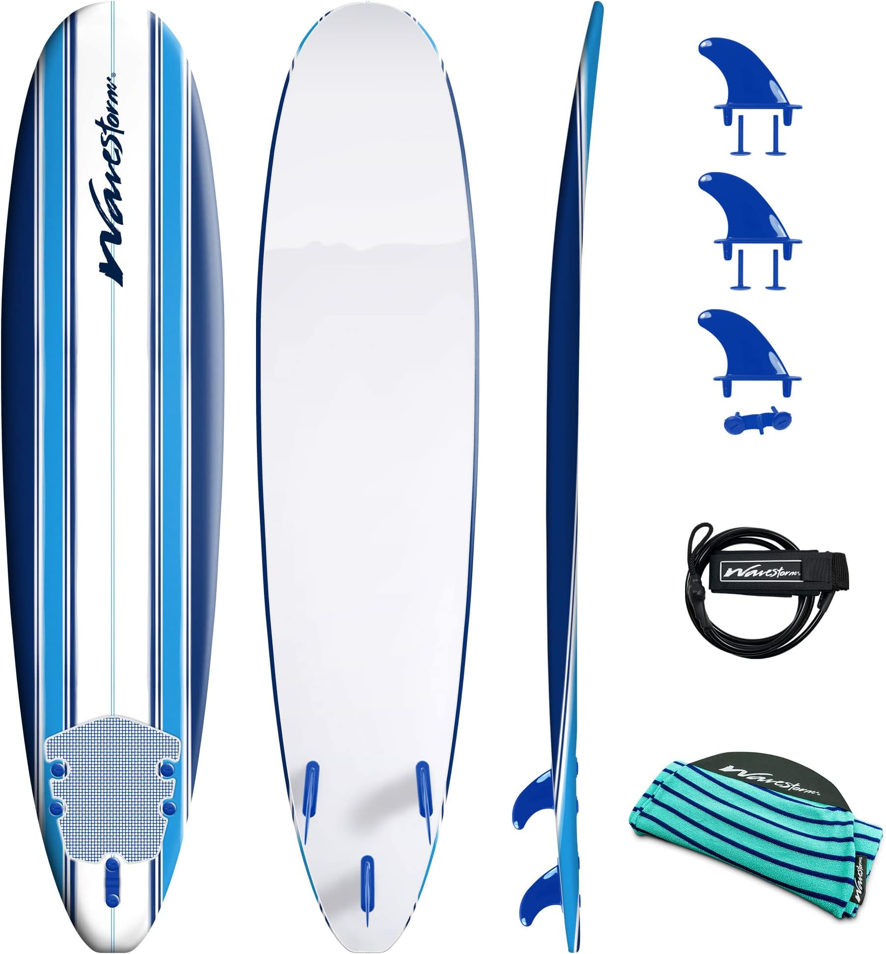 WAVESTORM Wave Storm - Classic Soft Top Foam 8' Surfboard for Beginners and All Surfing Levels Complete Set Includes Leash and Multiple Fins Heat Laminated, Blue Pinline