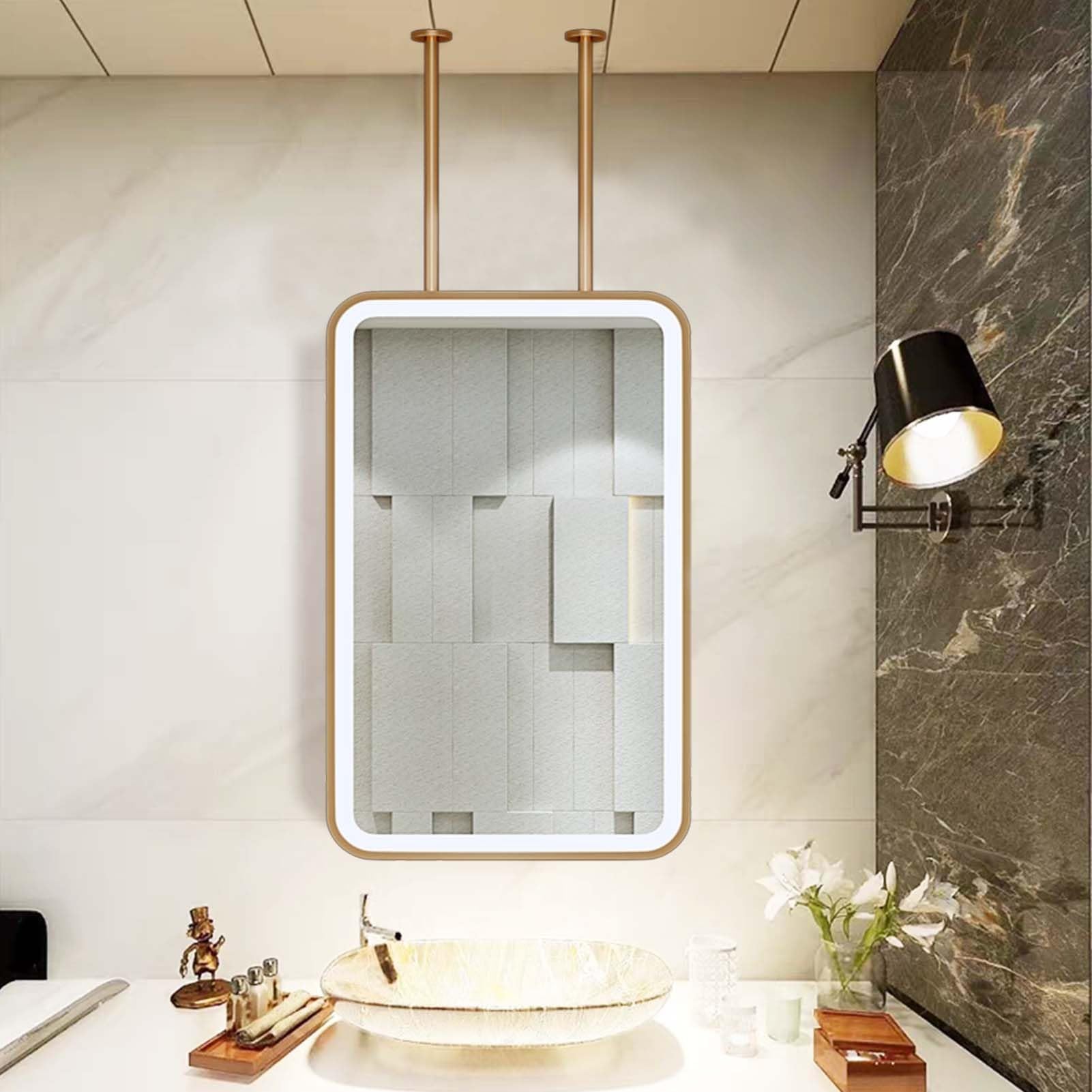 FGXHHS Square LED Mirror with Dimmable 3-Color Light for Makeup Ceiling Mounted Metal Frame Wall Mirrors Floating Vanity Shaving Bathroom, Gold(40cmx60cm)