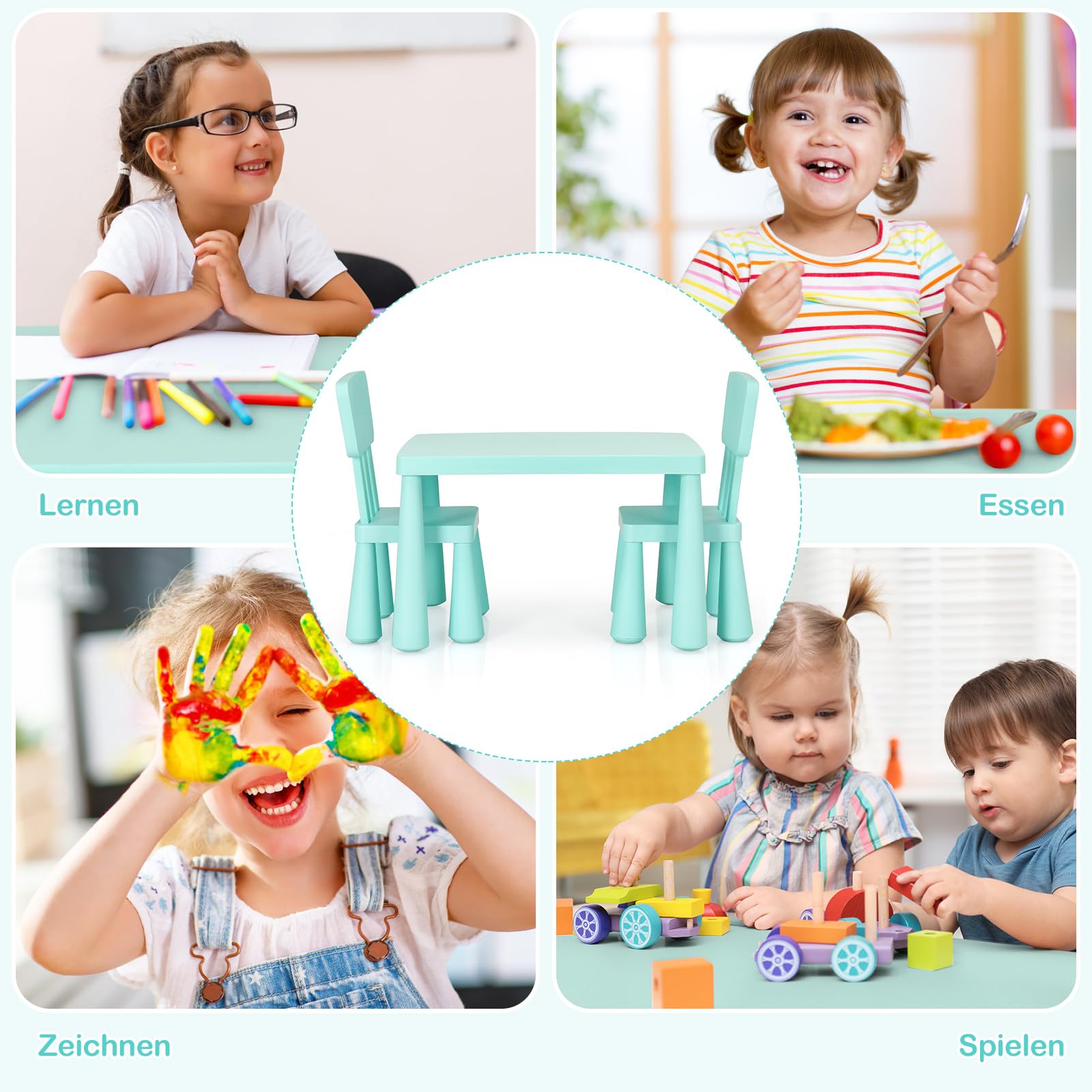 COSTWAY 3 TLG. Kindersitzgruppe, Kindertisch mit 2 Stühlen, Kindermöbel aus Kunststoff, Kinder Tischset für Kindergarten und Kinderzimmer (Grün)