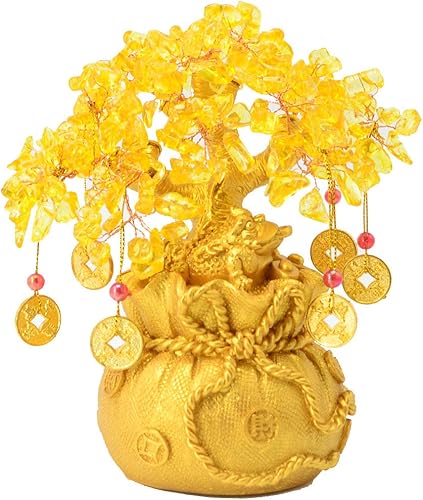 BWINKA Árbol de dinero de cristal amarillo Feng Shui de 8 pulgadas con monedas de riqueza para oficina, hogar, mesa, oficina, riqueza suerte, el