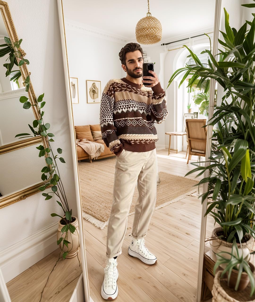 Flygo Men's Vintage Grandpa Sweater Crewneck Oversized Striped Aztec Cable Knit Pullover Unisex Jumper Tops - Image 4