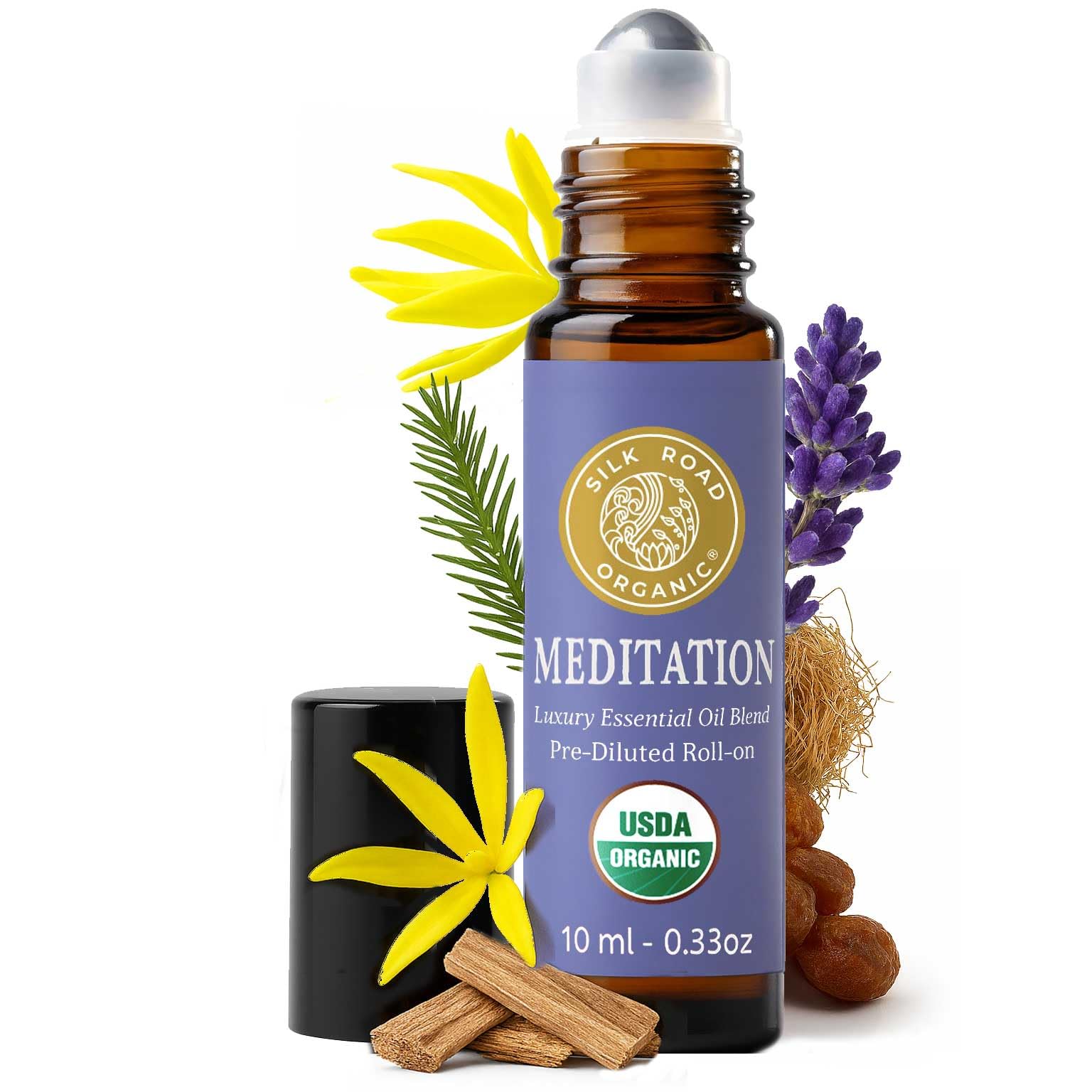 Silk Road Organic Meditation Essential Oil Balancing Blend Roll On,100% Pure USDA Certified Aromatherapy for Chakra Healing, Focus, Calming, Mindfulness & Spiritual Well-Being - 10ml Roller