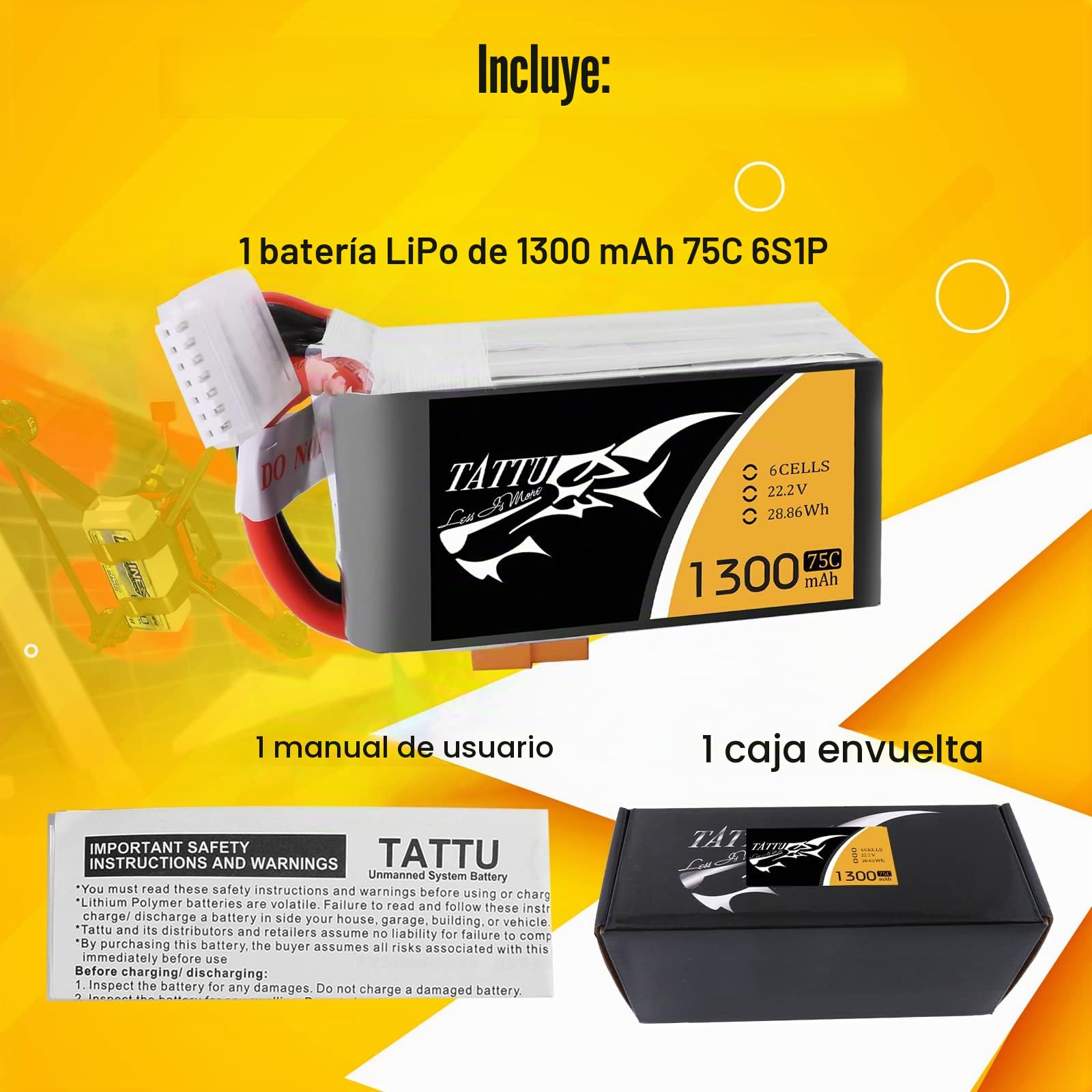 TATTU 6S Lipo 1300 mAh 22,2 V 75C Soft Case Lipo Batería con conector XT60 para UAV Drone FPV Carrera RC Quadrocopter
