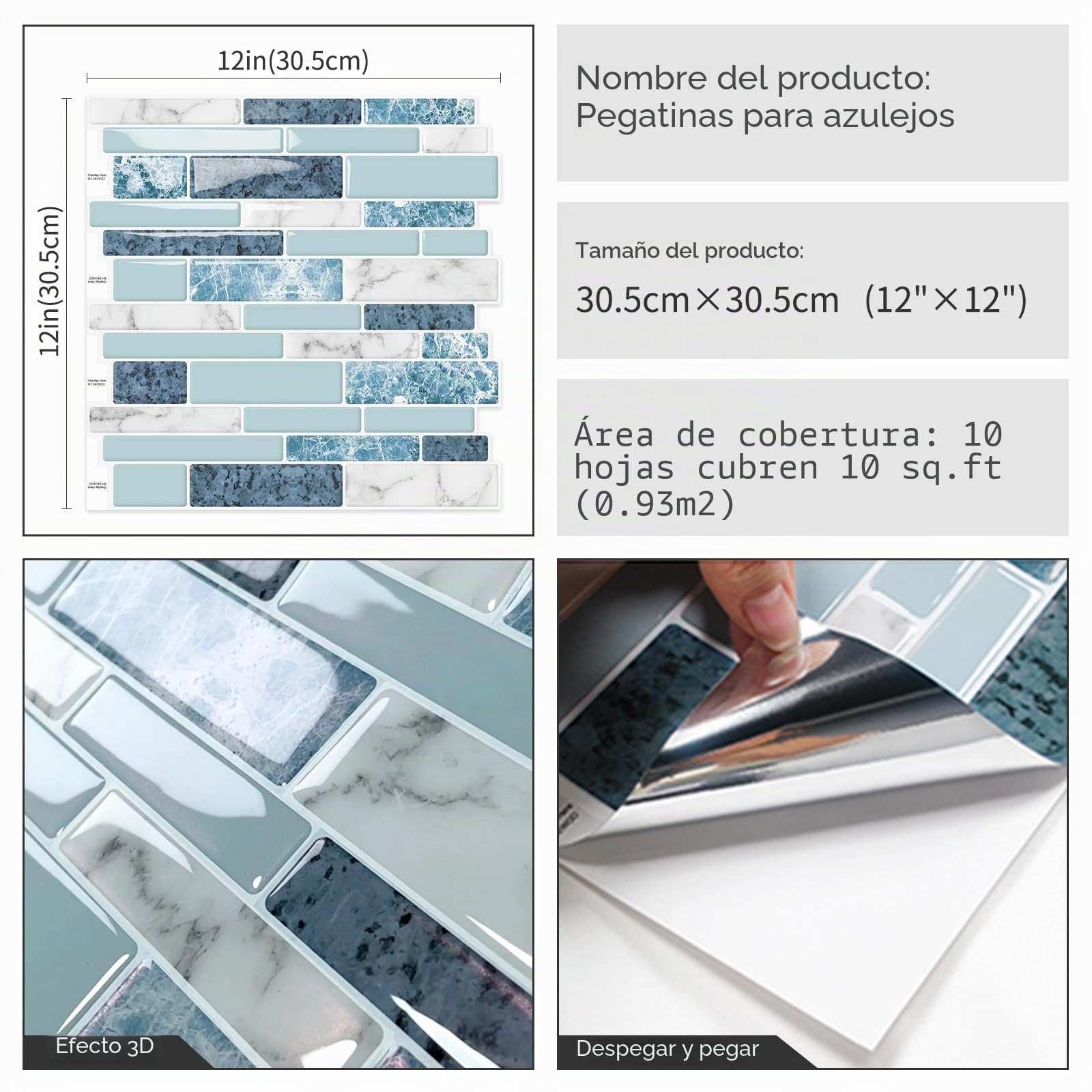 DEWOO Cristal 3d Autoadhesivos Vinilo Azulejos Adhesivo Baldosas Relieve Pared Mármol Cocina Baño，10-Piezas (30.5 x 30.5cm)