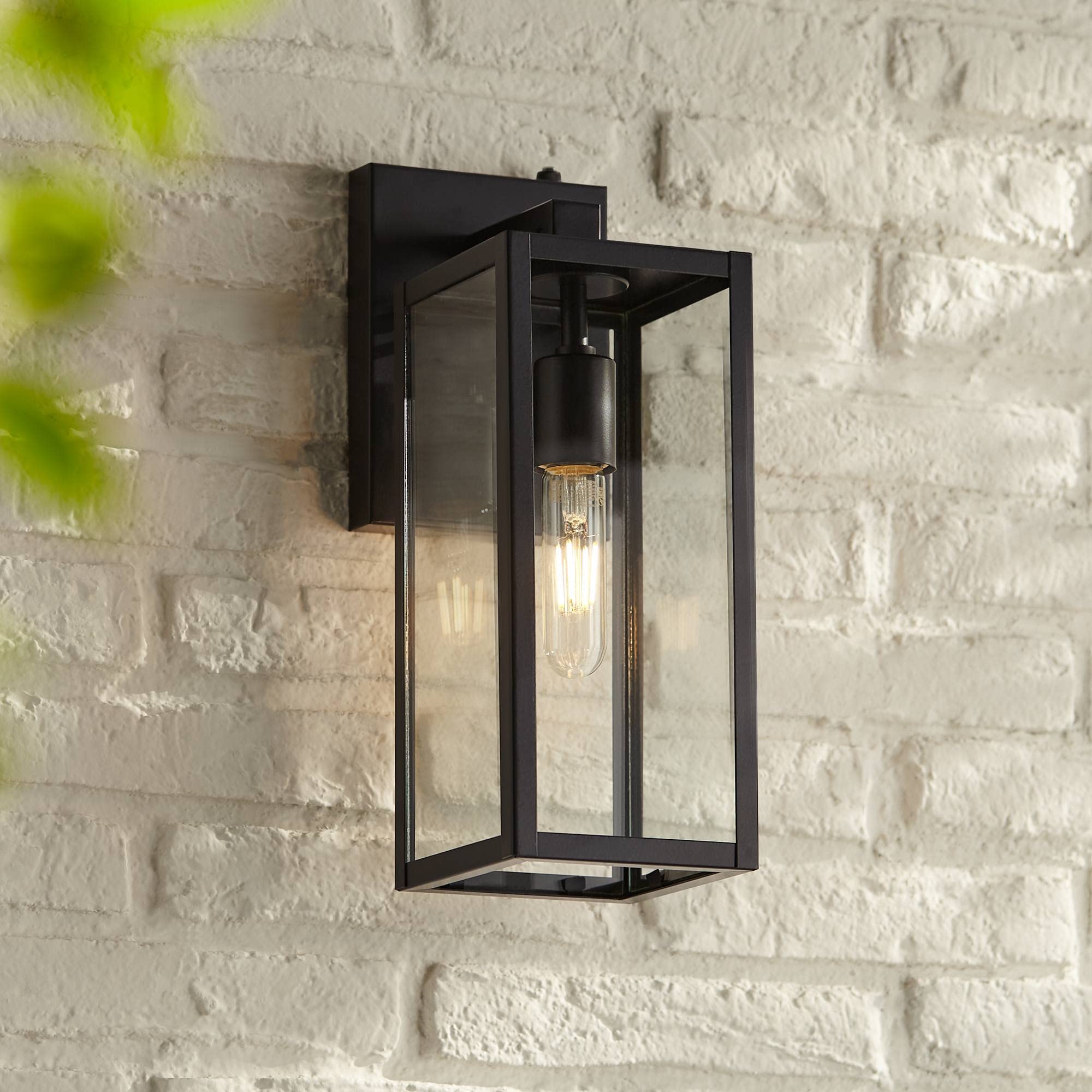 John Timberland Titan Modern Industrial Dusk to Dawn Outdoor Wall Light Fixture Mystic Black 14" Clear Glass Damp Rated for Exterior House Porch Patio
