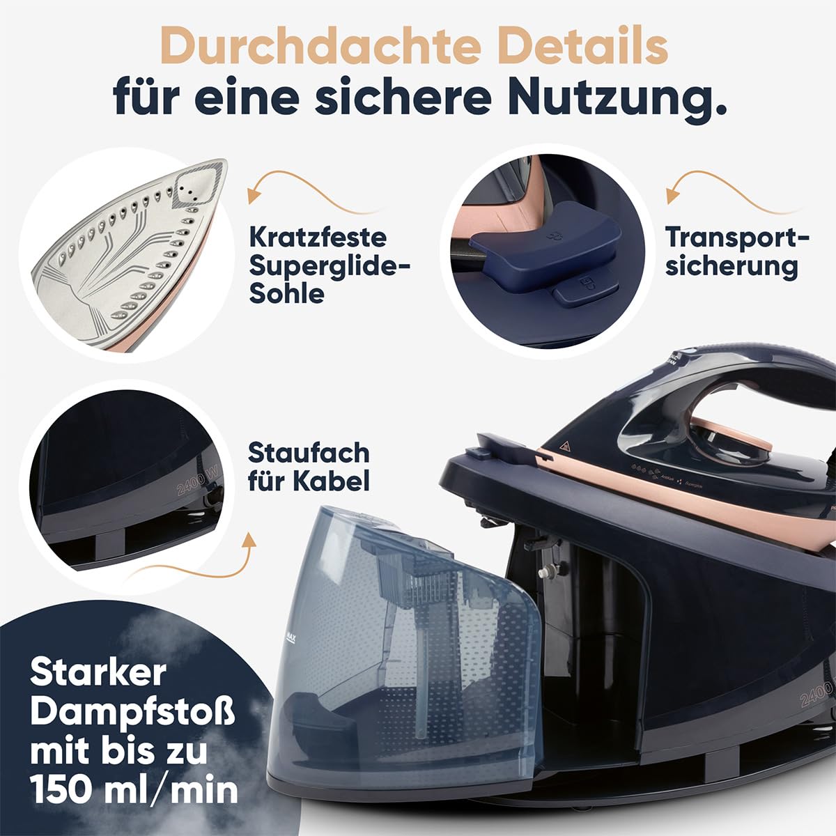 ProfiCare® Dampfbügelstation | Superglide Keramiksohle | 2400W Bügelstation | starke Dampfleistung 150 g/min | 4 Bar Druck | bis zu 80 Minuten am Stück bügeln | Dampfbügeleisenstation | PC DBS 3127