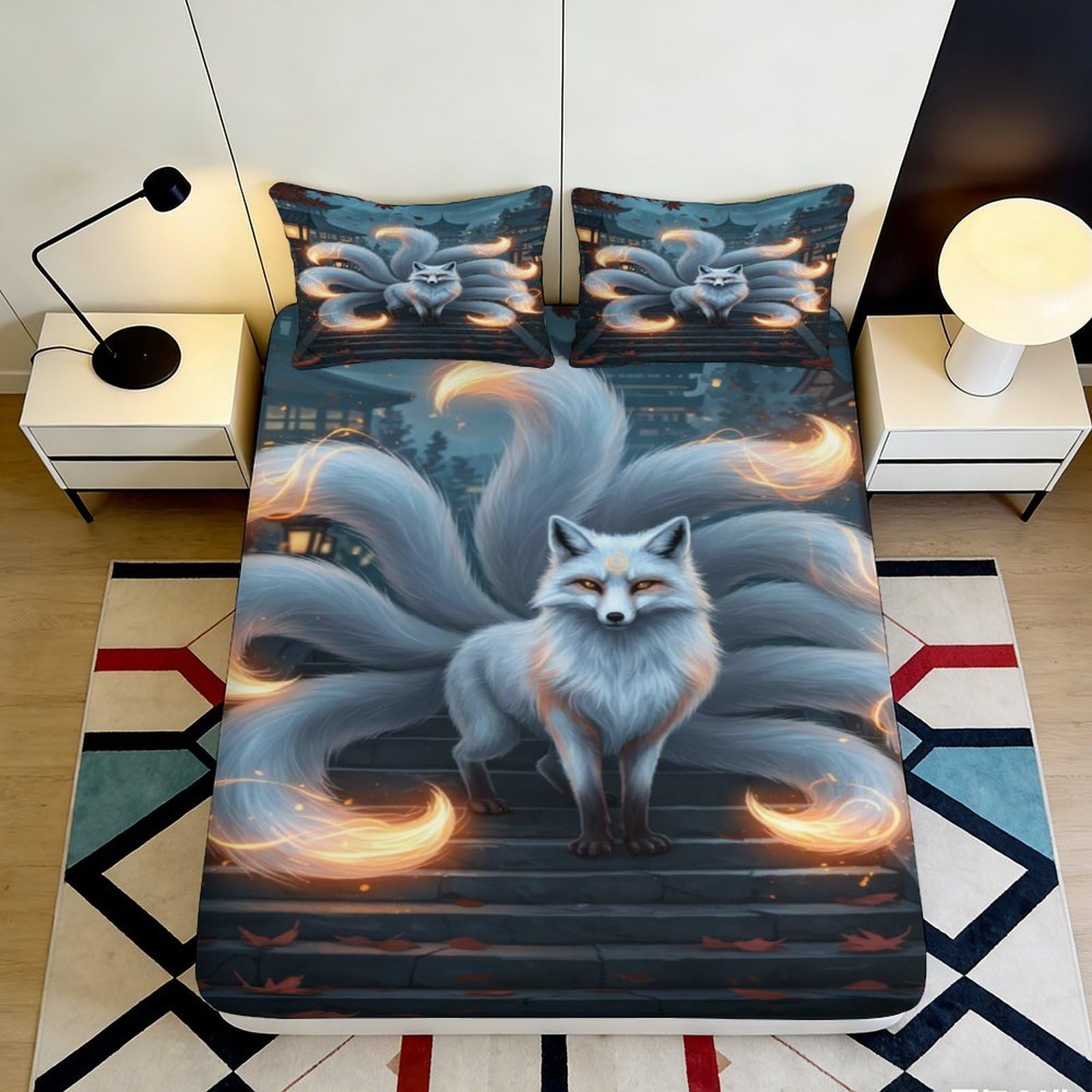 3D Printed Nine Tailed Fox Fitted Sheet Microfiber Anti-Slip Deep Pocket Nine Tail Fox Mattress Fitted Cover Bedroom Bedding 140x200x25cm